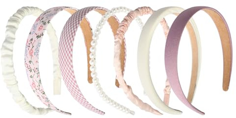 Ensemble 7 Pièces Serre Tete Femme, Polyvalent Serre Tete Fille et Enfant, Frais et Élégant, Perles Carreaux Fleurs Uni, pour Toutes Les Saisons (B Rose, 1)