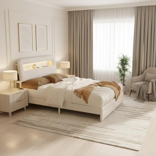 RXMORI Polsterbett Doppelbett 140x200 mit LED, Stauraumbett Bett mit 2 Schubladen und Stauraum Kopfteil, Jugendbett Gästebett Bettgestell mit Lattenrost, ohne Matratze, Samt(Beige C, 140 x 200 cm)