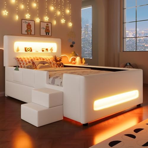 Dolamaní Modern Jugendbett 90x200 cm Polsterbett mit LED-Lichtleisten, Bett mit Lattenrost & Schubladen, Polster Kopfteil mit Ablagefach, Kunstleder, Kinderbett für Jungen & Mädchen (Weiß)