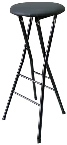 Sgabello alto pieghevole da bar, portatile, imbottito, rotondo, in ecopelle, con poggiapiedi, altezza regolabile, per cucina (colore: nero, 70 cm)