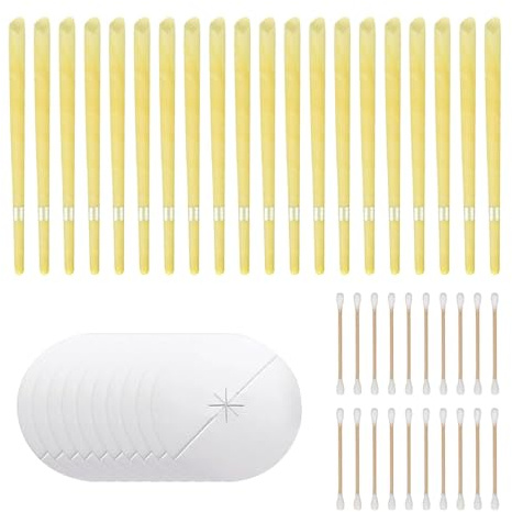 Set de Velas Cónicas Huecas para Oídos, Incluye 20 Velas, 10 Almohadillas Protectoras y 20 Bastoncillos de Algodón, Ritual de Relajación y Autocuidado con Cera de Abeja Natural