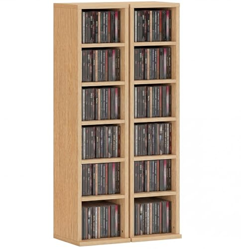 HOMCOM Set mit 2 Regalen, CD-/DVD-Aufbewahrungsschrank, 6 + 6 Fächer, 21 x 22,5 x 88,5 cm, max. Kapazität 204 CDs, Naturholzoptik