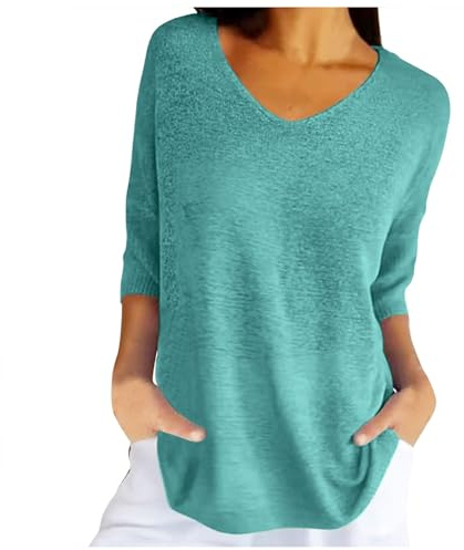 Generisch Mujeres Primavera Casual 3/4 Manga Color sólido Cuello en V Suéter Suelto Punto Tops, verde menta, M