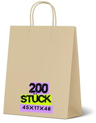 Inoverse 200 Stück Papiertüten mit Henkel 45+17x48 cm – stabile Kraftpapiertüten Braun mit Papierkordel, Geschenktüten & Papiertragetaschen für Einkauf, Geschenk, Party & DIY