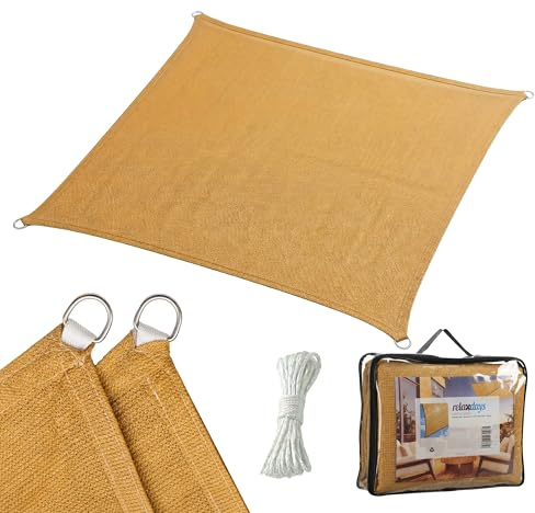 Vela ombreggiante Relaxdays, 5x5 m, HDPE, Traspirante, Giardino, Balcone, con Occhielli e cordini, Quadrata, Sabbia | Tenda da giardino e balcone, tela con tiranti, quadrata