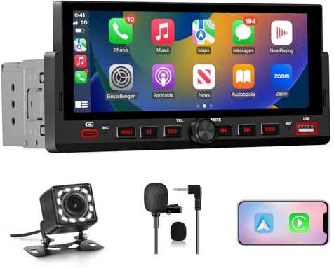 Junsun 6.86 Pulgadas 1 DIN Radio Coche Universal con Pantalla Táctil, con CarPlay/AndroidAuto/Admite Carga Type-C/USB/Micrófono/FM/EQ/GPS/Bluetooth 5.0/USB/SWC y Cámara Trasera con Cable 6M