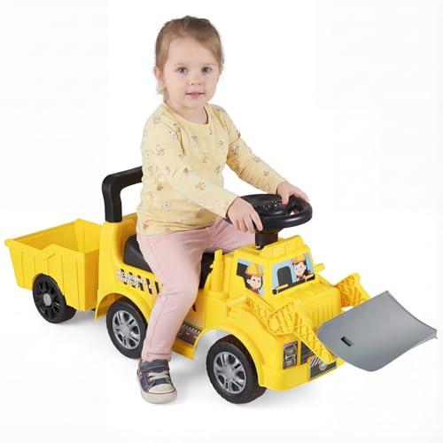 RELAX4LIFE Escavatore con Pala Regolabile, Rimorchio Smontabile, Volante, Suoni e Vano Nascosto, Giocattolo da Costruzione da Cavalcare e Far Scivolare per Bambini 18+ Mesi (Spazzaneve)