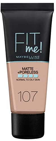 Maybelline Fondotinta Fit Me, copertura media, sfumabile con una finitura opaca e senza pori, per pelli normali e grasse, tonalità: 107 rosa beige, 30 ml