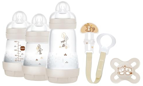 MAM Set de Recién Nacido, Set Regalo, Incluye: 2 Biberones Anticólico de 160ml, 1 Biberón Anticólico de 260ml, 1 Chupete Original Start, 1 Broche para Chupetes, a partir de 0 meses, Neutro