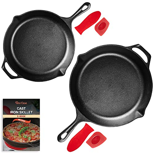 Uno Casa Cast Iron Skillet Set - 2-Piece Cast Iron Pan Set 10 in and 12 in - Pre-Seasoned Cast Iron Frying Pan - Oven Safe Skillet Pan Cast Iron