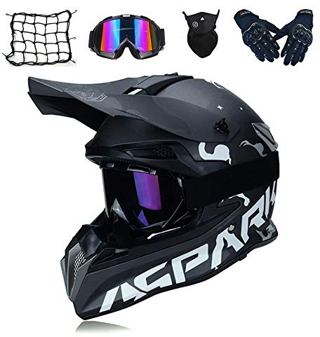MRDEAR Svart motocrosshjälm, motorcykel-/crosshjälm i set med glasögon, handskar, mask och motorcykelnät, fullface, MTB-/BMX-hjälm, motorcykelhjälm för män, för fyrhjuling, ATV, downhill, enduro, sport, L