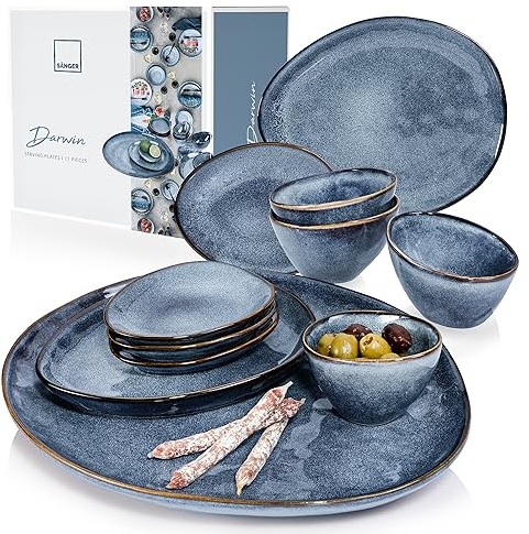 SÄNGER | Darwin 11-teiliges Servierschalen in Blau, Steinzeug Handmade Set inkl. Servierteller groß, Dipschalen und Snackteller, Steingut Teller | PREMIUM COLLECTION