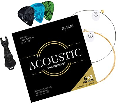 Shaman Gitarrensaiten für Westerngitarre - Premium Stahl Saiten für akustische Gitarre - 6+2 Saiten-Set inklusive 3 Plektren, G-Saite und extra hohe E-Saite