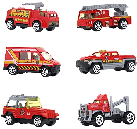 Surakey 6 in 1 Feuerwehrauto Set, Feuerwehr Auto Reibungskraft, Baufahrzeug Spielzeugautos für Jungen Mädchen 2-4 Jahre