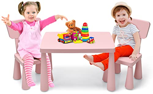 DREAMADE Kindertisch mit 2 Stühlen, 3tlg. Kindersitzgruppe mit abgerundeten Kanten zum Lernen & Essen & Spielen, Sitzgruppe aus Kunststoff, Kindermöbel Set für Mädchen und Jungen (Rosa)