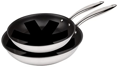 MasterPro Argent 3 | 2 Sartenes Antiadherentes de 20 y 28 cm | Con Triple Capa de Acero Inoxidable y Aluminio Forjado | Con Mango Ergonómico | Sartén Acero Inoxidable | Para Todo Tipo de Cocinas