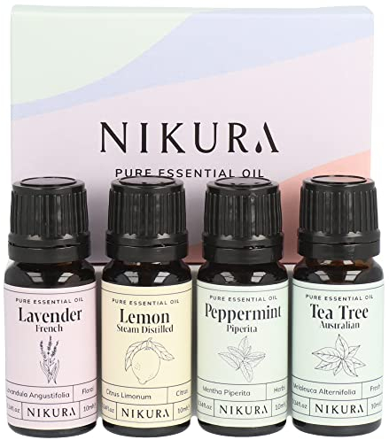 Nikura Ätherisches Öl Geschenkset - 4 x 10ml | Für Aromatherapie, Diffusoren, Kerzen & Seifenherstellung, Ölbrenner, Wachsschmelzen | Lavendel, Zitrone, Pfefferminze & Teebaum | Vegan & aus UK