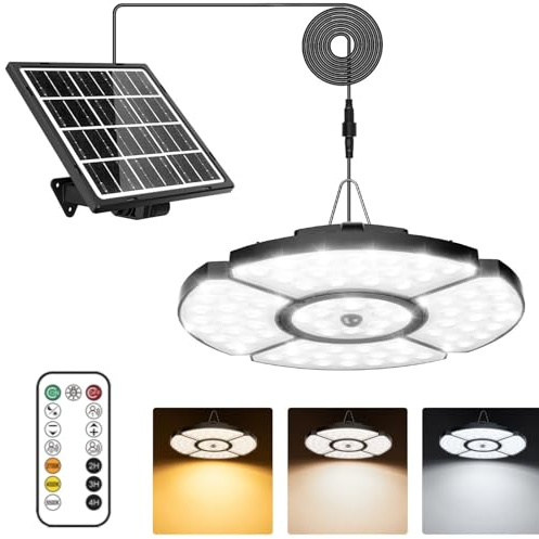 MEIKEE Luz Solar Colgante Exterior, 76 LEDs Lámpara Solar con Sensor de Movimiento, con Control Remote RF, IP65, Luz Regulable 2500-6500K, 6 Brillo, Temporizador, Función de Memoria, Cable 5 m