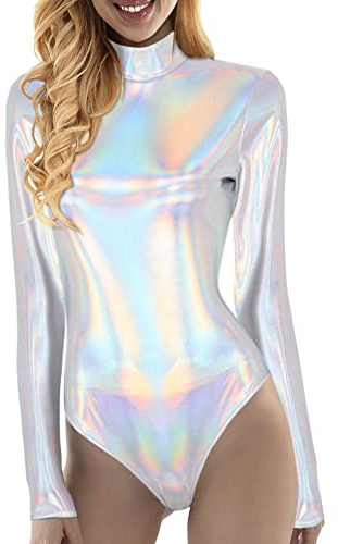 Damen Glänzende Ballettanzug Ballettbody Sport Tanz Body Gymnastikanzug Trikot Langarm Bodysuit Metallic Wetlook Einteiler Turnanzug Leotards Overall Lack Leder Oberteile Tops Kostüm (Silber, L)