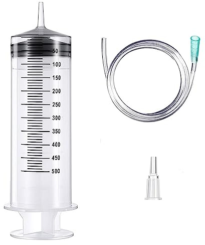 JOYSKY 500ml Grande Seringue Plastique Seringue de Dosage avec Poignée Annulaire pour Laboratoire Scientifique et Industriels avec 1 tuyau pour huile moteur liquide alimentation animaux.