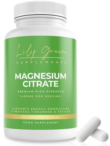 Lily Green Magnesium Citrate 1400mg Per Serving - Supports Energy & Reduces Tiredness - Fatigue Relief Supplement | No Artificial Fillers & UK Made | Magnesium Citrate Supplements - 90 Vegan Capsules