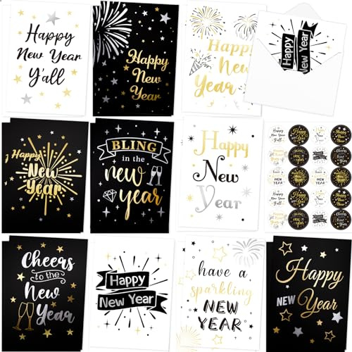 ceiba tree Happy New Year Cards 2026 Gold Foil New Years Eve Greeting Cards with Envelopes Happy Holidays NYE Notecards for Office Business School Staff Employees