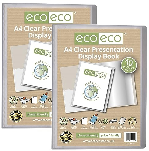 eco-eco A4 storlek 50 procent återvunnen 10 fickor klar presentationsbok, förvaringsfodral, portfölj, konstmapp med plastärmar, 2-pack, eco125 x 2