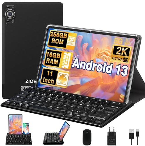 ZIOVO Tablette 11 Pouces Android 13,16Go RAM+256Go ROM/TF 1To, 2K Écran Octa-Core 2.0GHz,5G WiFi/2000 * 1200/ 8600mAh/13+5MP/GMS/Couvercle métallique,Tablette avec Clavier et Souris - Noir