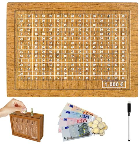 Tirelire en Bois Numérique Réutilisable avec Marqueur et Objectifs Chiffres D'épargne - Boîte Rangement Rétro pour Adultes et Enfants (1000€)