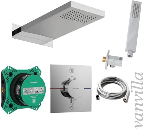 vanvilla Duschsystem mit Unterputz Thermostat Duscharmatur von Hansgrohe Ecostat Comfort E und vanvilla Regendusche mit Armatur, Duschkopf eckig, Dusch-SET HG208 poliert