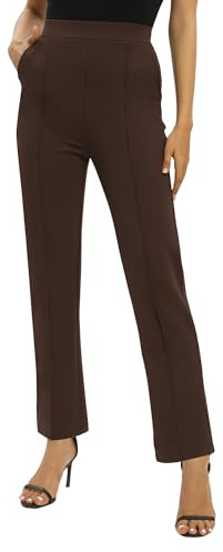 EXCHIC Mujeres Oficina Casual Piernas Rectas Trabajo Pantalones Elástica Cintura Pantalones con Bolsillos(L, Chocolate)
