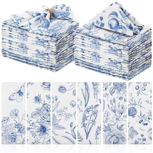 VitalCozy Cloth Napkins-15 x 15 Inch Soft Fabric Napkins Bulk Cloth Washable Reusable Plants Floral Square Napkin Cotton Dinner Towel for Spring Tea Party(Blue White Flower,24 Pcs)