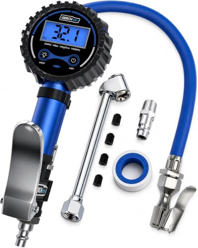 Digitaler Reifenfüller mit Manometer 14 bar Druckluftpistole für Kompressor | ±1 % vom Endwert, 50-cm-Schlauch, 360°-Ventilkopf, Quick-Connect, beleuchtetes LCD, Entlüftung, Auto-Off, bar/PSI/kPa