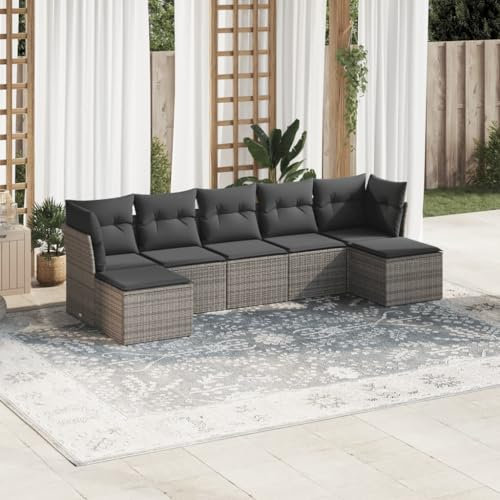 ULUYYUC 7-TLG. Garten-Sofagarnitur, Eckbank Eckbankgruppe Hocker Polsterbank Geeignet für Außenbereich Balkon Garten Hinterhof mit Kissen Grau Poly Rattan