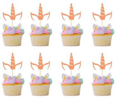 Arthsdite 24pc Unicorn Horn Cupcake Toppers - Unicorn Cupcake Picks for Baby Shower, Birthday, Wedding & Engagement Parties - Rose Gold Glitter