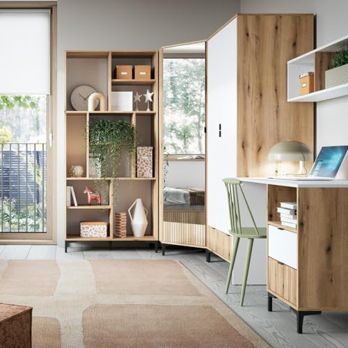 Lomadox Jugendzimmer Set 5-teilig Wandregal, Regal, Eckkleiderschrank, Kleiderschrank und Schreibtisch in Eiche mit weiß