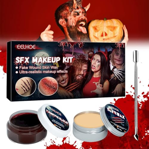 Kunstblut Halloween Schminke Set, Halloween Make up Set mit Kunstblut Latexmilch Schwarz Weiß Face Paint, Kinderschminke Halloween Blut Schminke Bodypainting für Karneval Zombie Vampir SFX