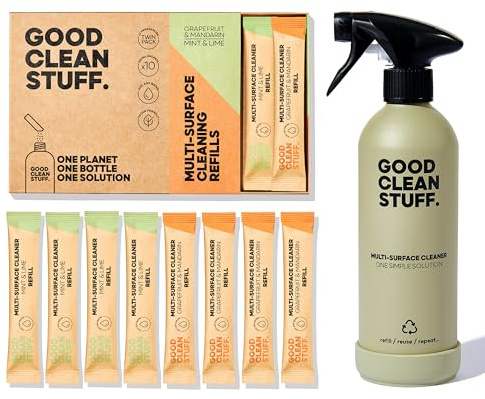 Good Clean Stuff Eco Multi‑Surface Cleaner Kit – Refillable Aluminium Bottle + 10 Plastic‑Free Refill Sachets – Kitchen, Bathroom, Glass & Chrome Cleaner - Home Cleaning Spray Kit