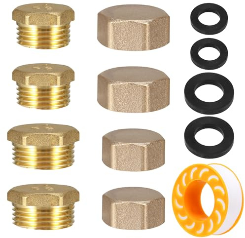 Xialvyu Pack of 8 Blanking Plugs 1/2 3/4 Inch Sealing Cap Brass Cap with Seal Rubber, Internal Thread End Cap Sealing Plug Blanking Plug Water Pipe
