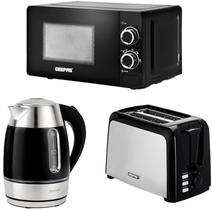 Geepas 2 Slice Bread Toaster, 1.7L Illuminating Electric Kettle & 20L 700W Solo Manual Microwave Oven Combo Set | 750W Toaster, 7 Level Browning Control, 2200W Rapid Boil Cordless Jug Kettle