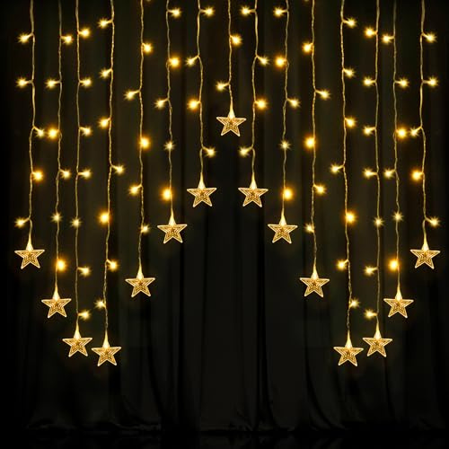 Jsdoin Rideau Lumineux Étoiles, 3M Guirlandes Lumineuses 104 LEDs 8 Modes d'Eclairage, Decoration de Fenêtre, Noël, Mariage, Anniversaire, Jardin(Blanc Chaud)