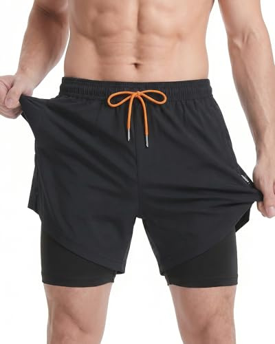 MaaMgic 7 Mens Swim Shorts with Compression Liner 4-Way Stretch Bathing Suit Swimming Shorts with Pockets