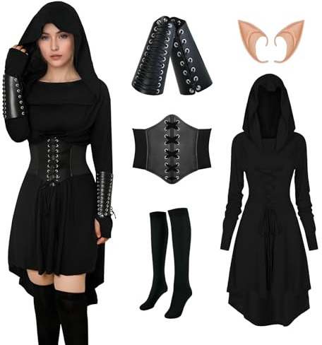 YORDET Ropa medieval para mujer, juego de vestido gótico renacentista, vestido con capucha para mujer con corsé, protectores de brazos, medias, orejas de elfo para carnaval, Halloween, fiestas