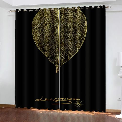 Bishilin Vorhänge Verdunklung mit Ösen 102x160CM, Gardinen Blickdicht 2er Set Muster Schwarz Gold Blatt Spruch Verdunklungsvorhänge Jugendzimmer Kinderzimmer