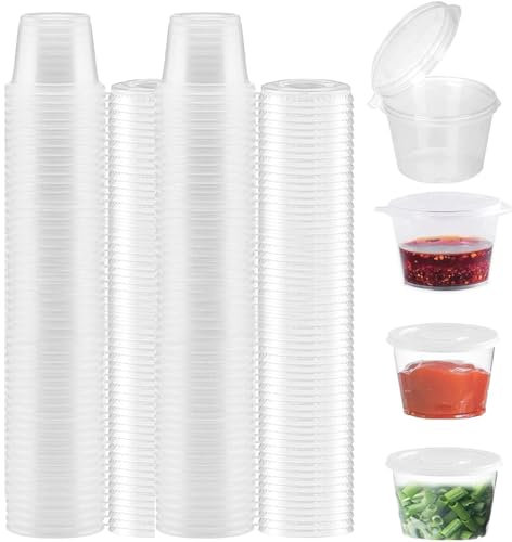 DILUSILK 50 sets Sauce Pots with Lids,Sauce Pots Reusable Jelly Shot Cups Clear Small Deli Pot Restaurants Takeaways Containers Reusable Jelly Shot Cups Plastic Leakproof Food Cups