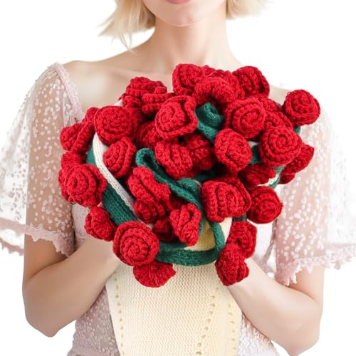 cagulax Bouquet di fiori all'uncinetto con rose, regalo di compleanno per mamma, sorella, regalo per coppie, anniversario, matrimonio, compleanno, romantico bouquet di rose, coperta lavorata a maglia
