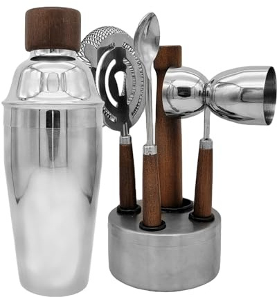 WELESHEI 6 PCS Bar Tool Set Cuisine Kit de Barman en Acier Inoxydable avec Pilon, Double Jigger, Shaker, Cuillère, Passoire Whisky Boisson Mélange Essentials pour Home Bar Party Celebration Set