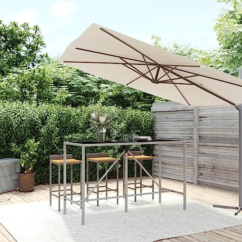 HaoChrymec Bartisch mit Poly Rattan, Glasplatte, Modernes Design, Robust & Wetterfest, Bistrotisch Outdoor, Bartisch Outdoor, Garten & Terrasse, Grau, 180 x 70 x 110 cm