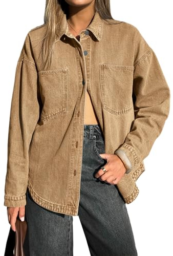 EMMIOL Women Denim Shirts Oversized Long Sleeve Button Down Blouse Distresse Jean Jacket Fall Outfits 2026 Brown,S