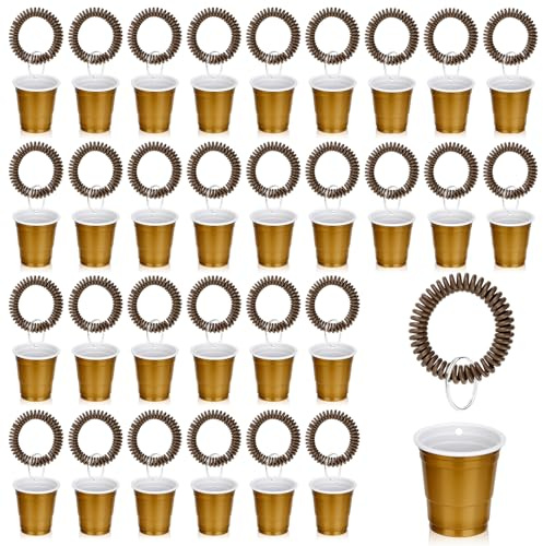 30 Pcs Gold Shot Cups with Wristband for Party 2oz Plastic Shot Glasses Disposable Mini Shot Glasses Bulk with Wrist Coil 2oz Solo Cups for Festival Birthday Favor Wedding Halloween Party Supplies